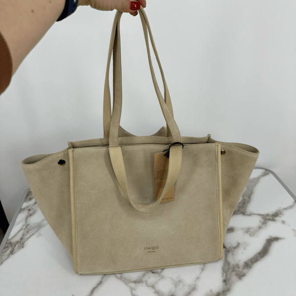 Margot Jamee Double Strapped Suede Tote Bag with Pouch Cream Minimalist - Picture 1 of 14